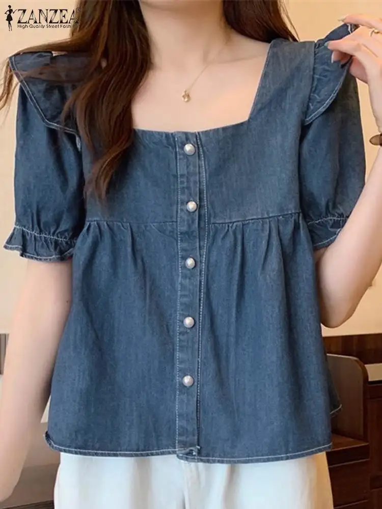 ZANZEA Korean Women Denim Shirt Sweety Ruffle Short Sleeve Blouse Vintage Square Collar Cropped Tops 2024 Summer Pleated Blusas