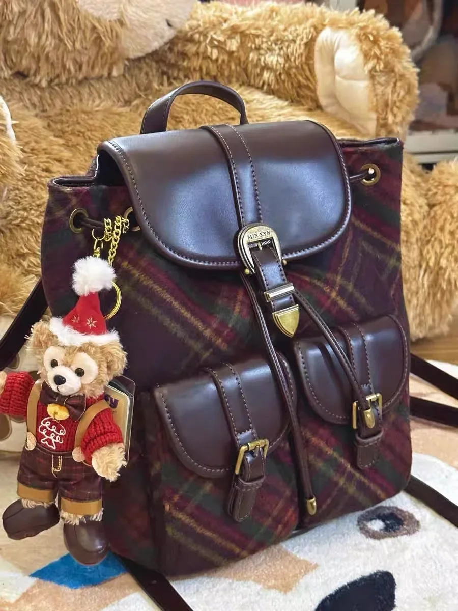 Miss Sudri English style woolen bag with high-end plaid pattern autumn/winter backpack, versatile and large capacity backpack