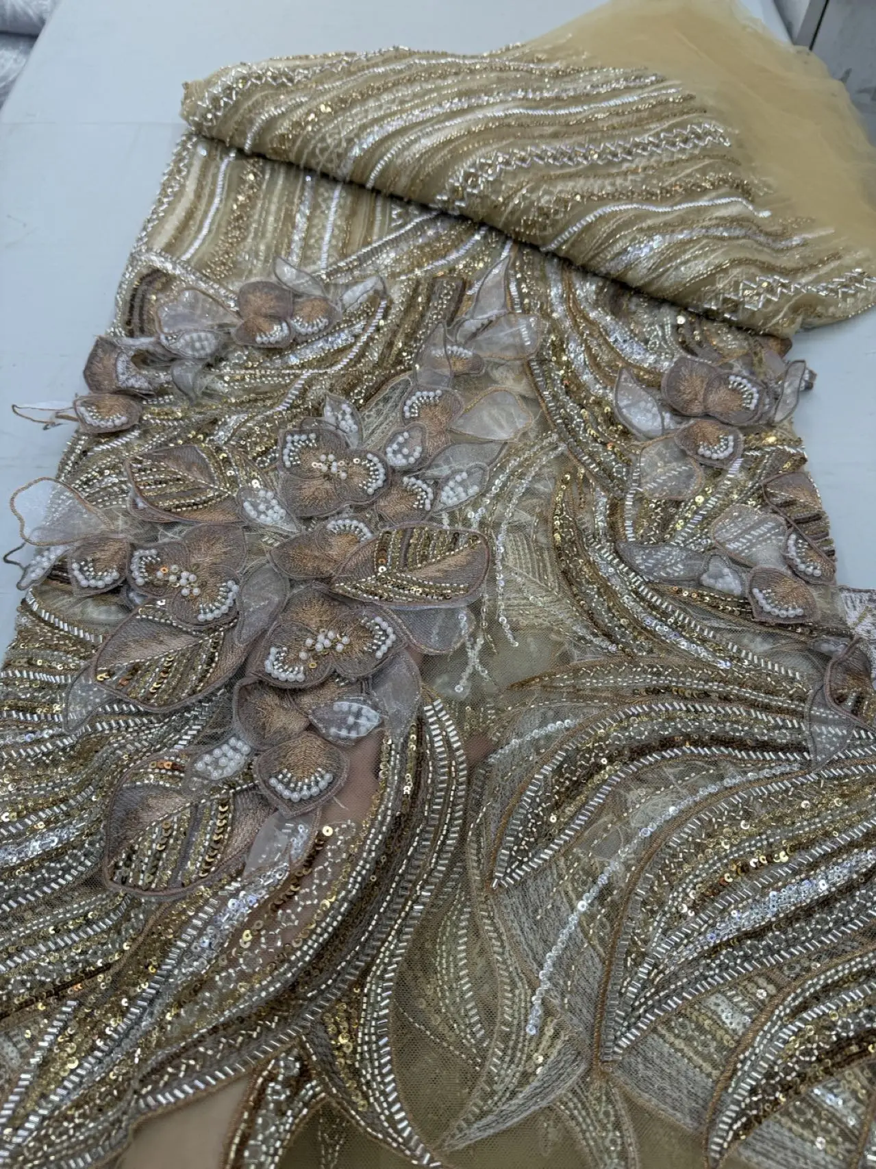 African 3D Flower Beaded Lace Fabric 2026 Wholesale Hot Sale in Nigeria Sequin Lace Fabric Lace Fabric for Women's Party Dresses