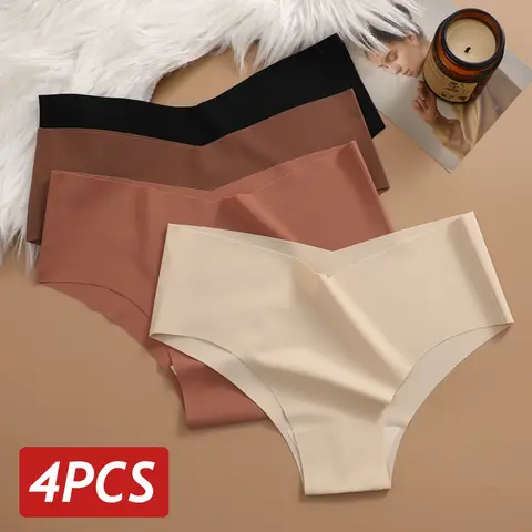 4PC 여성 원활한 팬티 섹시한 V-허리 속옷 10 단색 얼음 실크 흔적 팬티 없음 여성 통기성 친밀 란제리