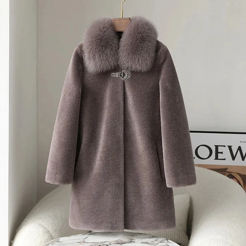 2026New Middle-Aged Mom's Autumn Winter Fur Coat Women Fur Integration Jacket Long Shear Wool Outcoat Thick Outerwear Ladies Top