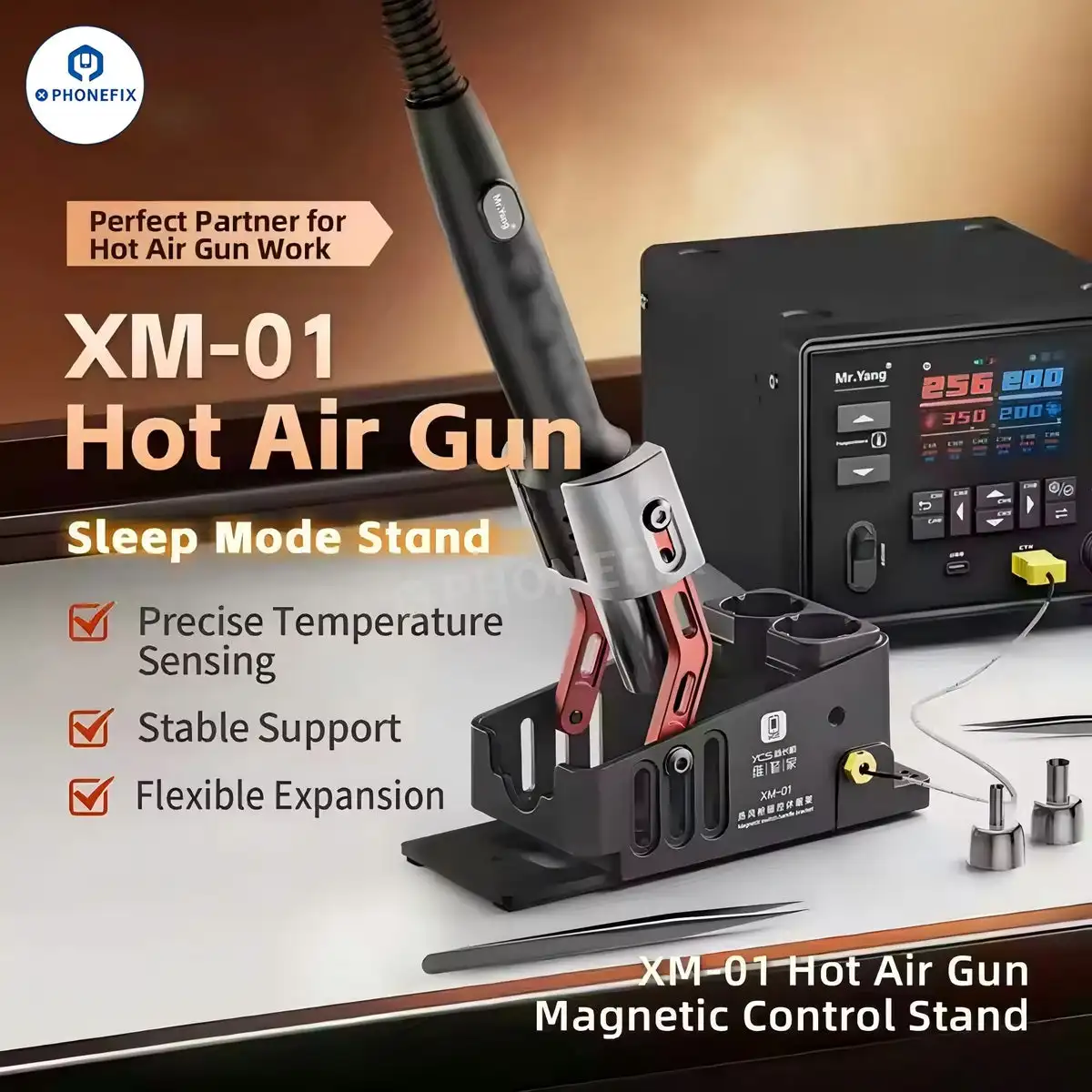 YCS XM-01 Hot Air Gun Stand Magnetic Sleep Base Metal Support Bracket Precise Temp Sensing for Phone PCB SMD Heat Rework Repair