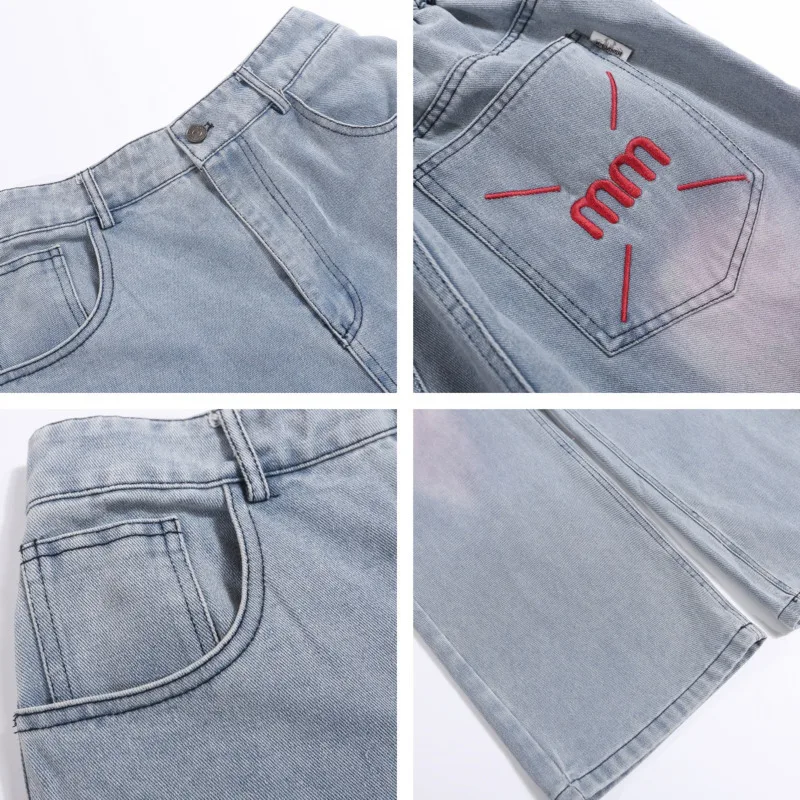 Trendy retro straight leg elastic waisted jeans for men and women in spring and autumn, loose and wide leg floor length pants