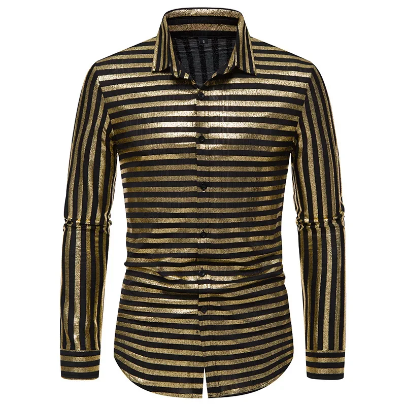 Mens Vintage Striped Metallic 70s Disco Dance Shirt 2024 Long Sleeve Luxury Dress Shirts Nightclub Halloween Party Stage Costume