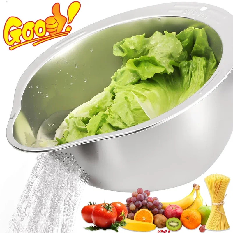 Rice Washing Basin Stainless Steel Inclined Bottom Metal Sieve Colander Rice Fruit Vegetable Strainer Kitchen Cleaning Tools