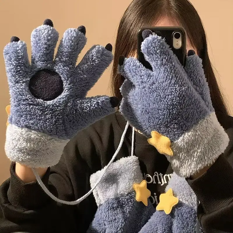 

Women's Winter Warm Five-Finger Plush Gloves Cute Stitch Claw Design Thickened Cold Proof Ideal for Cycling Christmas Gift