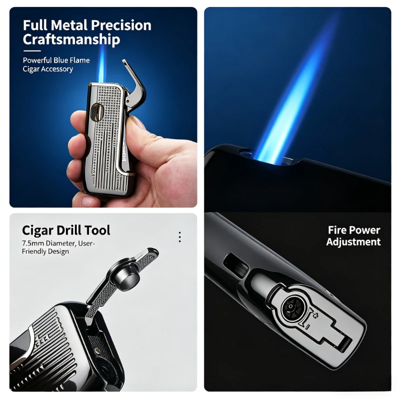 

Business Inflatable Lighter, Straight Metal Windproof Igniter, Built-in Cigar Hole, Multifunctional Portable Smoking Tool