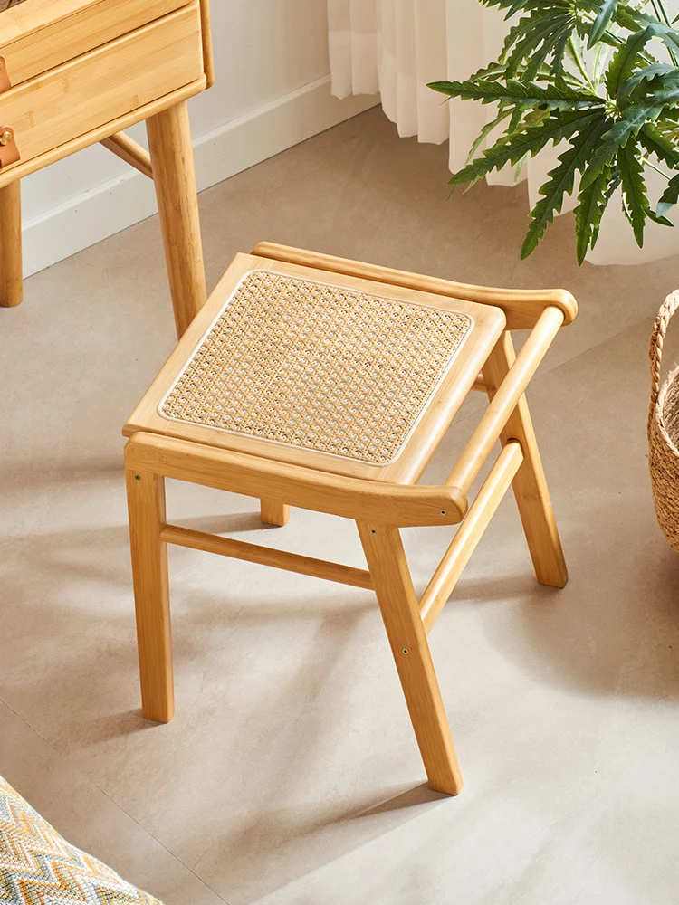 

Rattan Stool Household Small Living Room Square Stool Small Bench Creative Room Makeup Stool Japanese Style Internet Celebrity