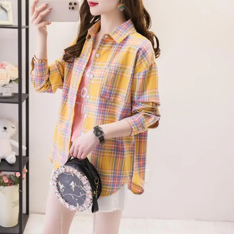 Women's Autumn Fashion Simplicity Plaid Long Sleeve Shirts Women Clothes Casual Loose All-match Temperament Elegant Tops