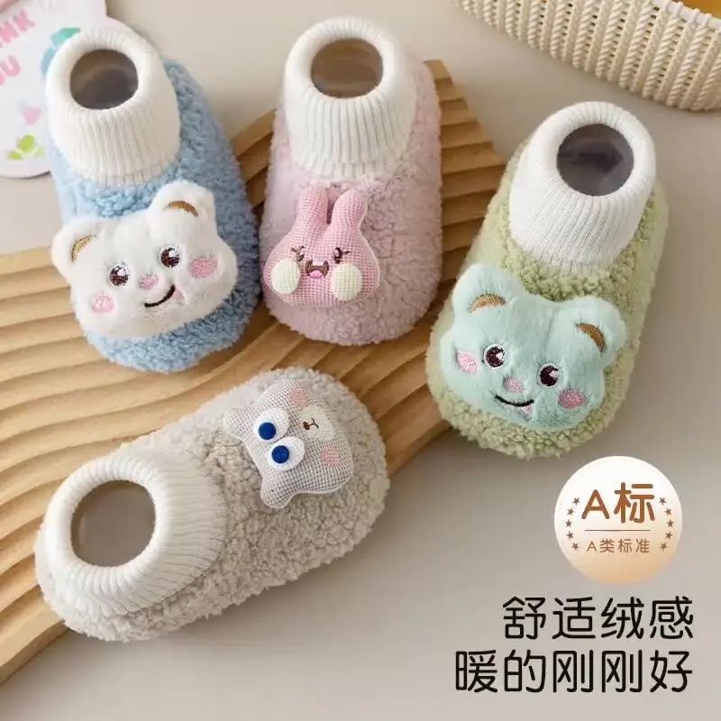 Cartoon Bear Baby Shoes Winter Thick Warm Newborn Shoes Non-slip Soled Soft Plush Toddler Kids Boy Girls Infant First Walkers