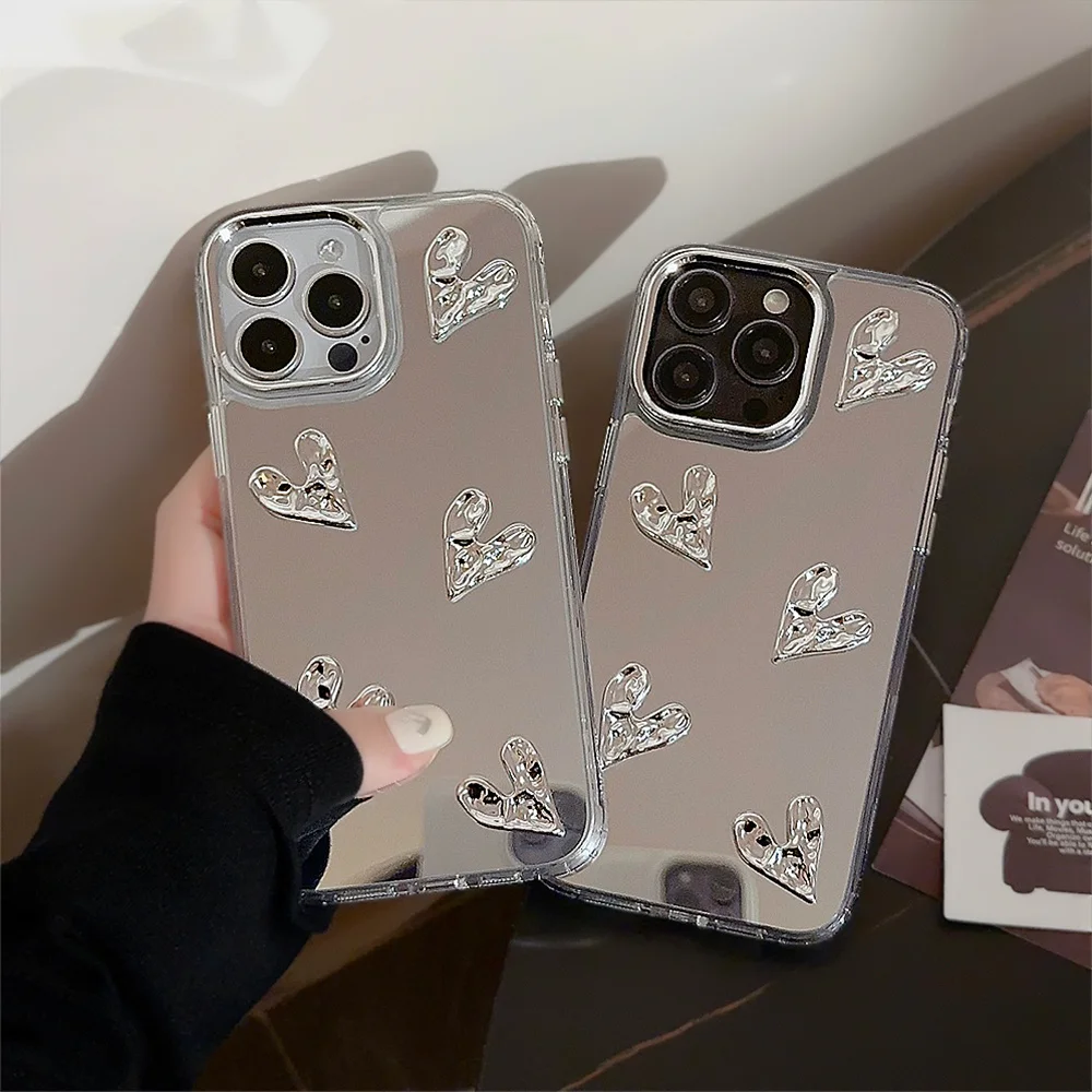 Luxury Plating 3D Heart Case For iPhone 14 Pro 13 12 11 15 Pro Max Electroplated Mirror Phone Case For iPhone 15 Pro Hard Cover