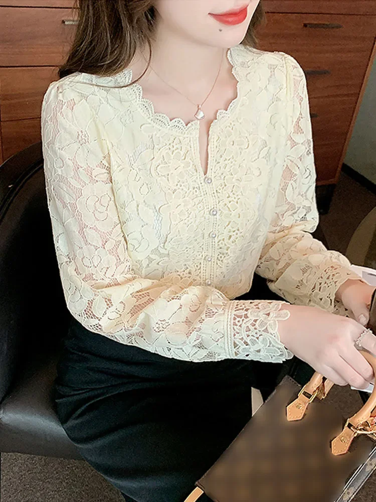 Petal Sleeve Sweet Lace Blouse O Neck Women Femme Blusas White Button Loose Top Hollow Out Flower Lace Patchwork Shirt 19234