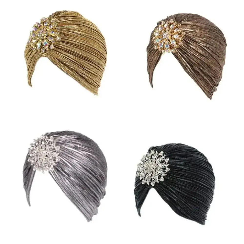 New Fashion Diamond Jewel Turban Hats Soft Velvet Women Chemo Bandana Hijab Hair Accessories Hat Gold Silver Pleated Indian Cap