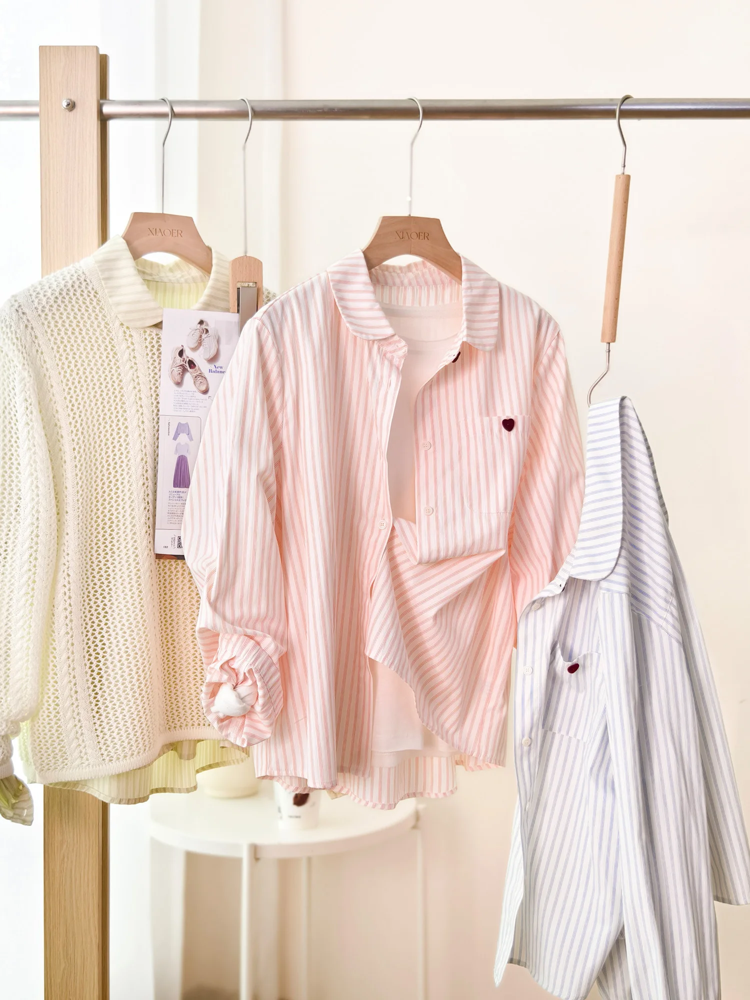 

Soft Comfortable Pure Cotton Striped Heart Button Flip Collar Loose Women's irt Breathable Casual Sle Spring Faion