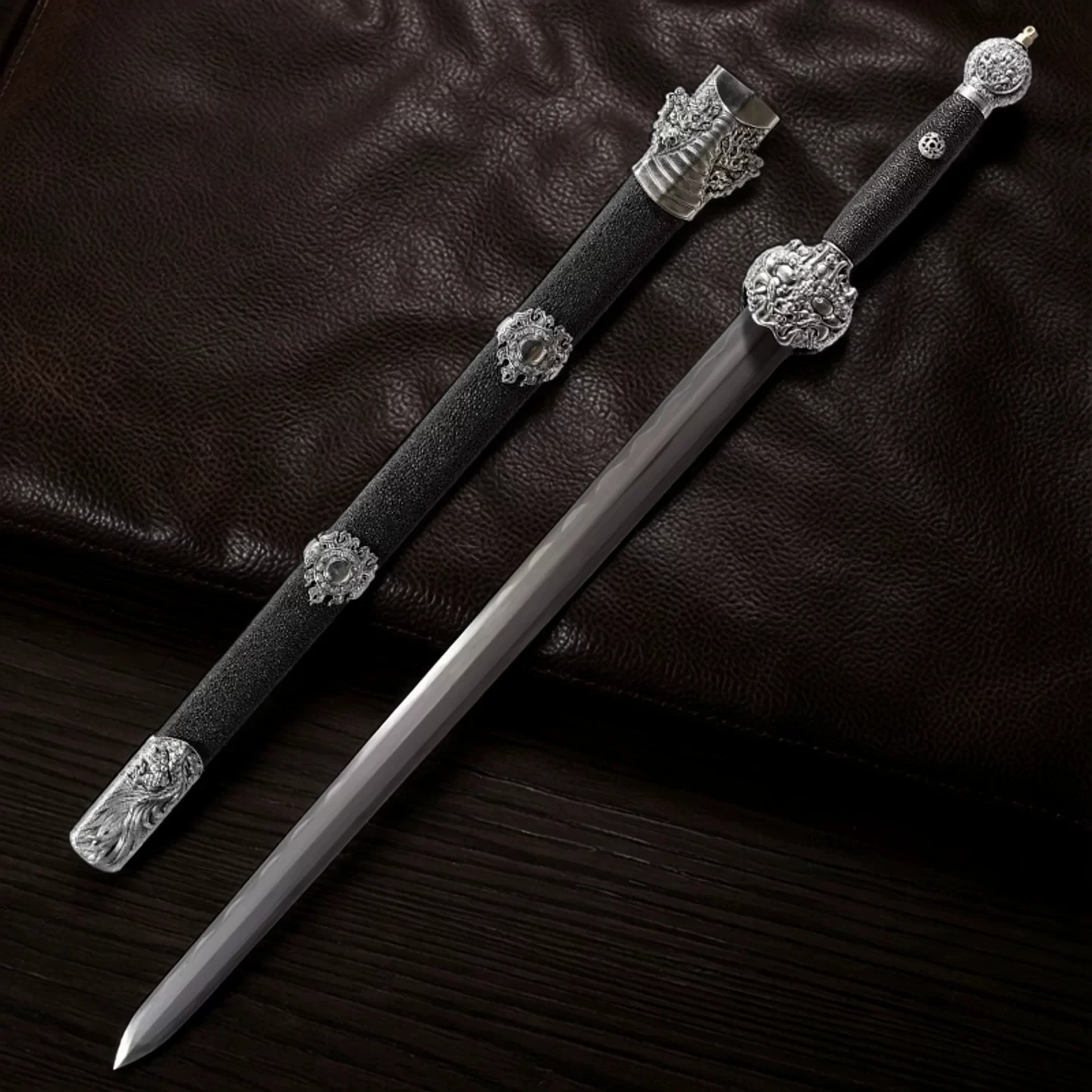 Wootz Clay Tempered Blade Premium Chinese Collectible Sword Dragon Carved Fittings Black Scabbard Collection Free Display Stand