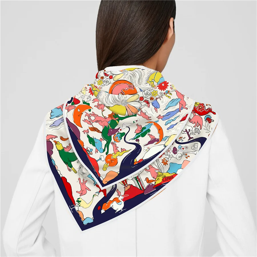 Silk Scarf Women Rabbit World Print Square Scarves Head Echarpes Silk Foulards Femme Wraps Beach Shawls Bandana Lady Hijabs 90CM