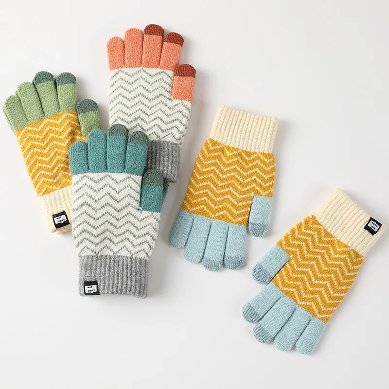 Men Women Winter Warm Wool Touch Screen Gloves Thickened Pile Finger Jacquard Student Riding Thermal Soft Ski Cycling Outdoor