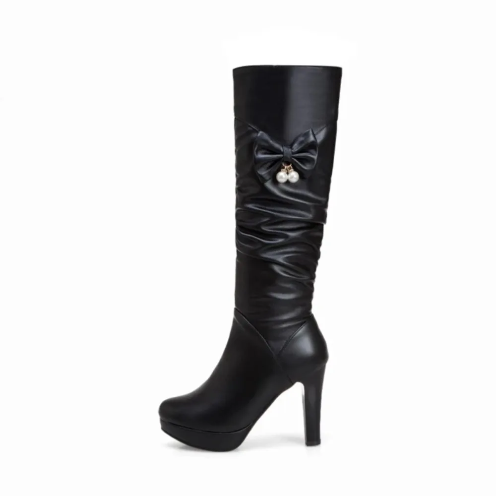 Platform boots 2020 Female Knee High Boots Women Leather Comfortable Autumn Winter  High heel Long Boots PLus size32-43 A50-16
