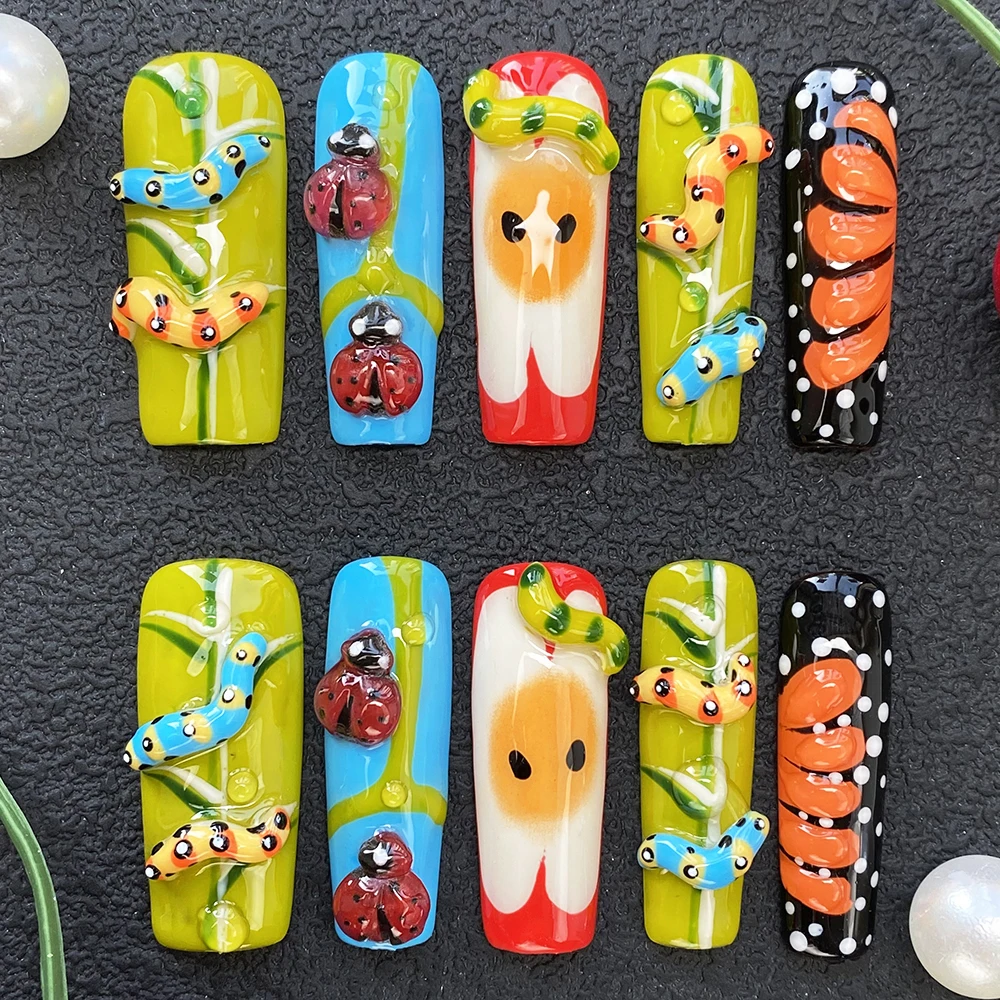 

10PCS UV Gel Carved Square/Coffin/Stiletto Glossy Handmade Nails Presson 3D Stereoscopic Glamorous Salon Design Artificial Nails