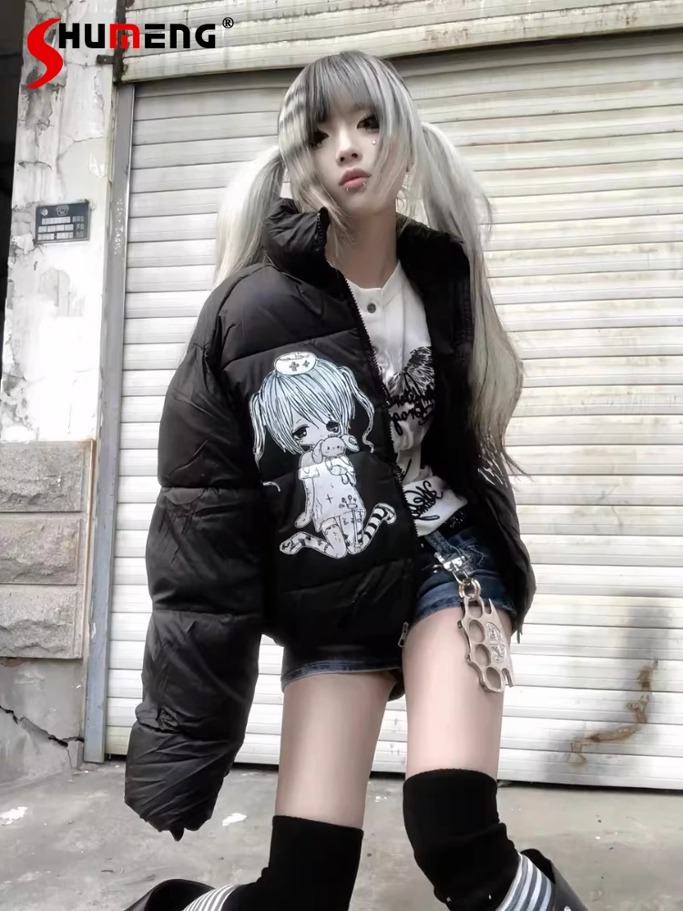 

Harajuku Aesthetic Subculture Black Short Parka Coat for Women Winter Girls Sweet Cool Fashion Gothic Dark Jacket Outerwear