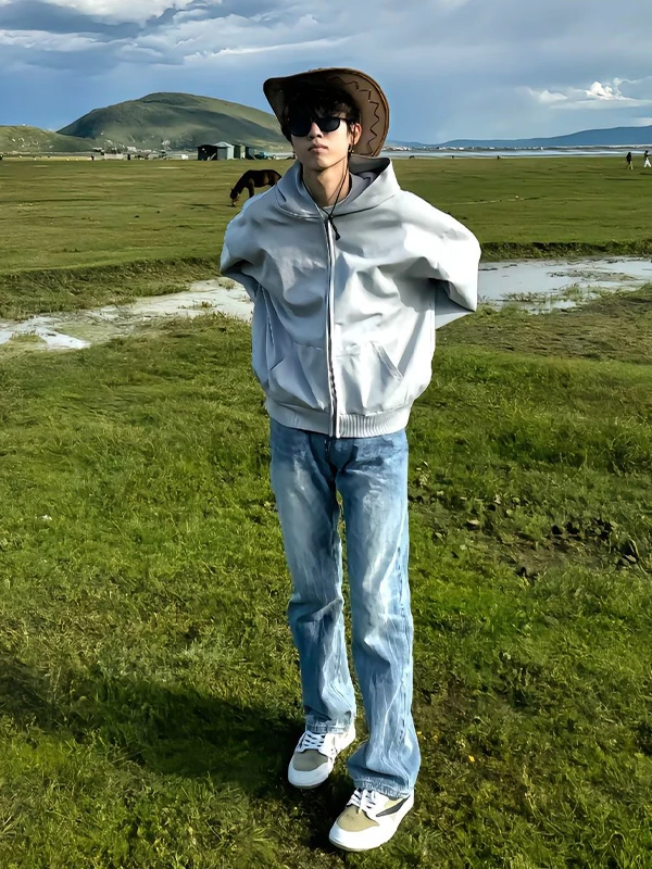 

Ice Blue Lightning Pattern Men's Jeans Straight Leg High Street Cleanfit Pants American Sle Casual Straight Leg Trousers