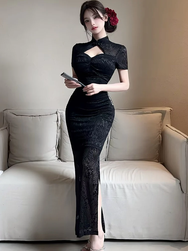 Frauen Solide Jacquard Aushöhlen Stehkragen Langes Kleid 2025, Koreanische Luxus Party Abendkleid Sommer Elegante Bodycon Prom Kleid