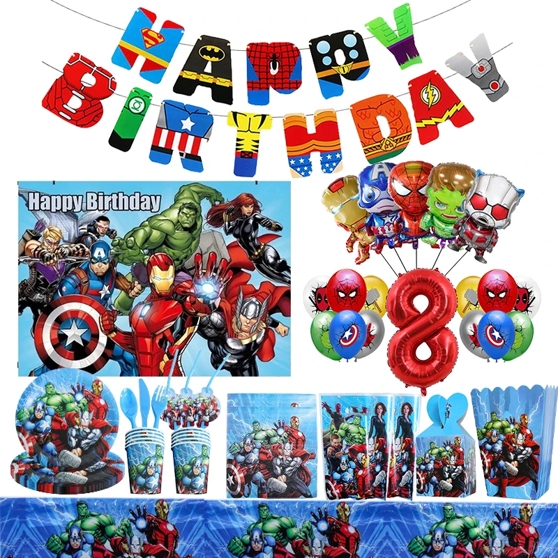 Avengers Birthday Party Decoration Tableware Set Tablecloth Iron Man Spiderman Paper Cups Plates Balloons Baby Birthday Supplies