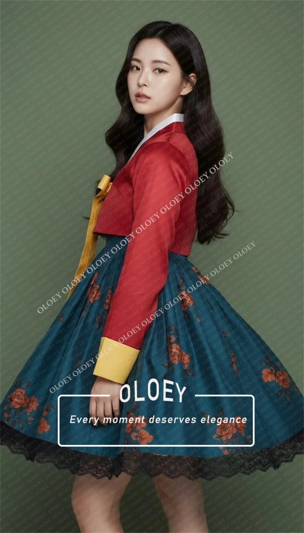OLOEY Modern Floral Print Short Concert Hanbok Contrast Color 2 PCS Satin Mini Korean Photo Shoot Performance Dress Customized