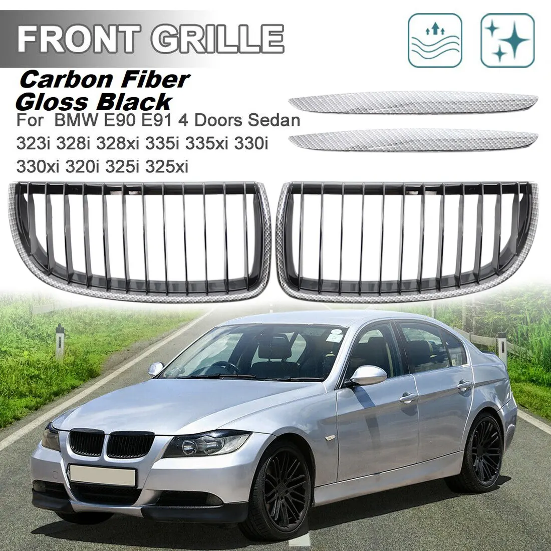 Carbon Fiber Look Front Bumper Kidney Grill Grille For- 3-Series E90 E91 328I Sedan 2005-2008