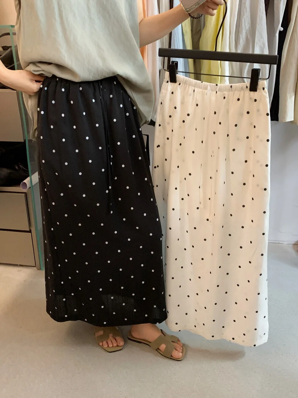 Harajuku Minimalist Black White Polka Dot Maxi Skirt Elastic Waist Lace Up Casual Summer Loose A-line Skirt Basic Commuted Wear