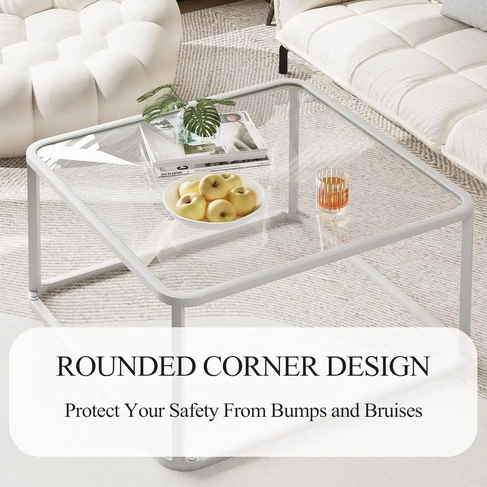 โต๊ะกาแฟกระจกสีขาวทันสมัย ดีไซน์สี่เหลี่ยมเรียบง่ายสำหรับห้องนั่งเล่นและสำนักงาน ขนาดกะทัดรัดพร้อมโครงโลหะ ใช้งานง่าย