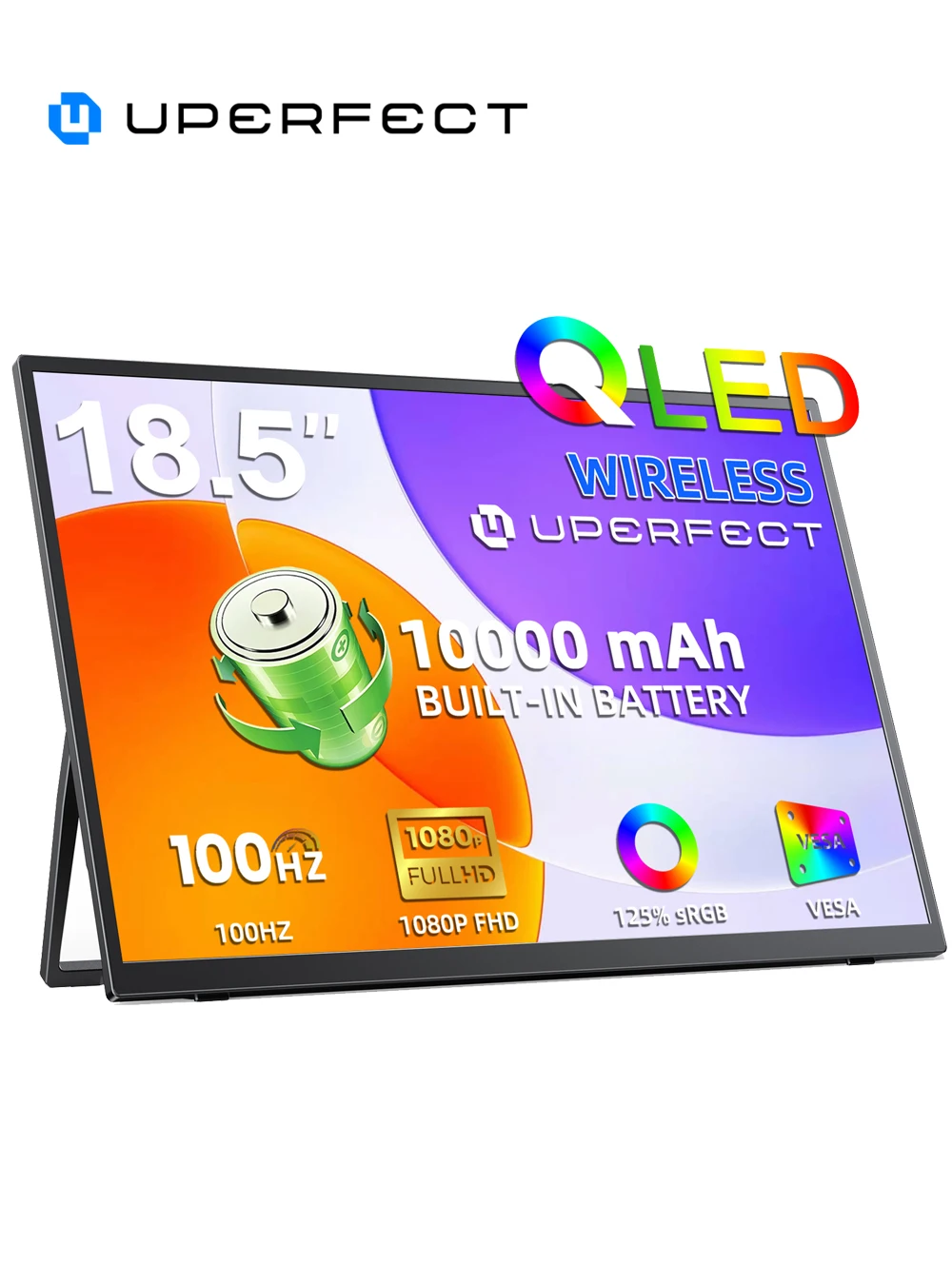 UPERFECT 18.5 Inch Portable QLED Monitor 100Hz 10000mAh Battery Wireless Screen Traveling Display for Laptop PC Gaming Mobile