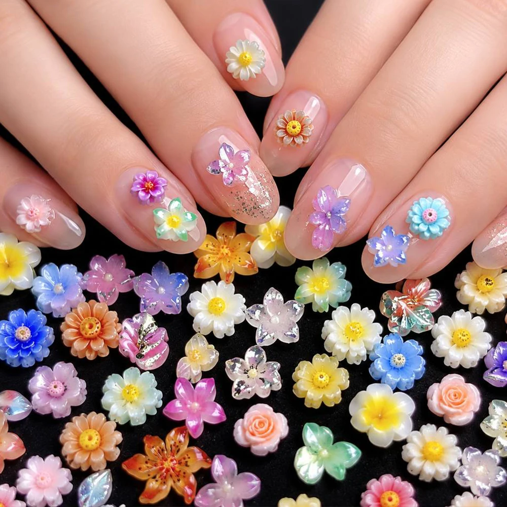 50Pcs Multi-Size Resin Floral Nail Charms Mixed Five Petal Daisy Flower Nail Studs Salon Manicure Supplies