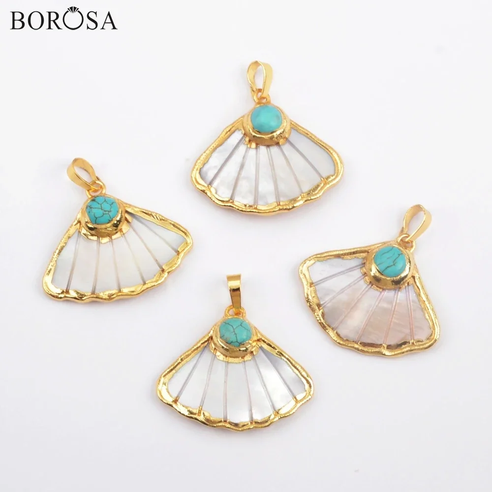 BOROSA Unique Fan Shape Golden Natural White Shell & Blue Howlite Turquoises Pendant for Earring Jewelry Handmade Accessories