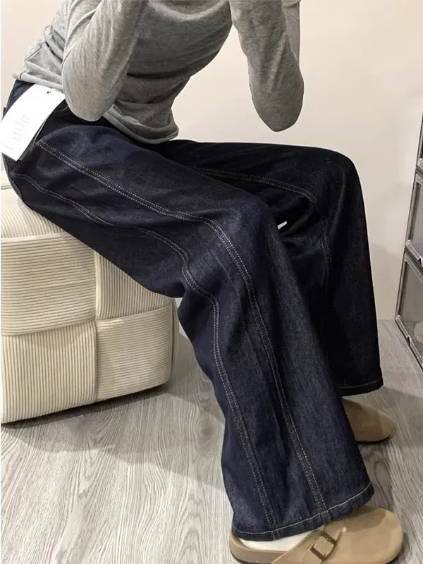 

Американские ретро-джинсы с высокой талией и широкими штанинами для женщин, осенне-зимняя новинка, темно-синие, свободные, прямые, длиной в пол