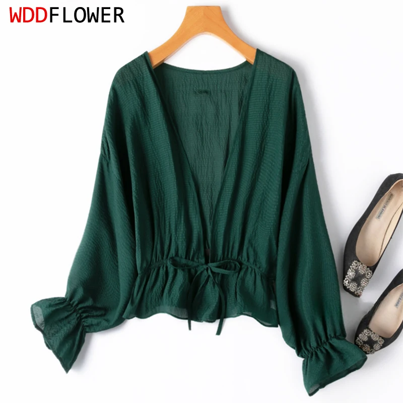 

Women Shawl 100% Mulberry Silk Dark Green Bow-tied Ruffles Bottom Wraps Cappa Cardigan Blouse Top Shirt M1140