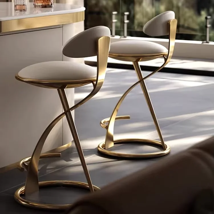 Italian Stainless Steel High Stool Leather Art Metal Bar Chair Modern Popular Home Island Hotel Living Room Comfortable Backrest
