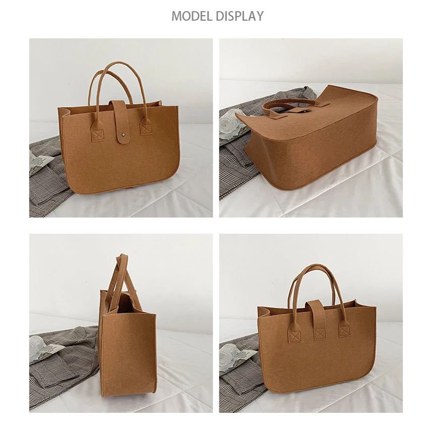 Large Capacity Tote Bag Women's Handbag Korean Retro Solid Color Square Felt Handle Bag Females Shopping Bag Messenger Tote