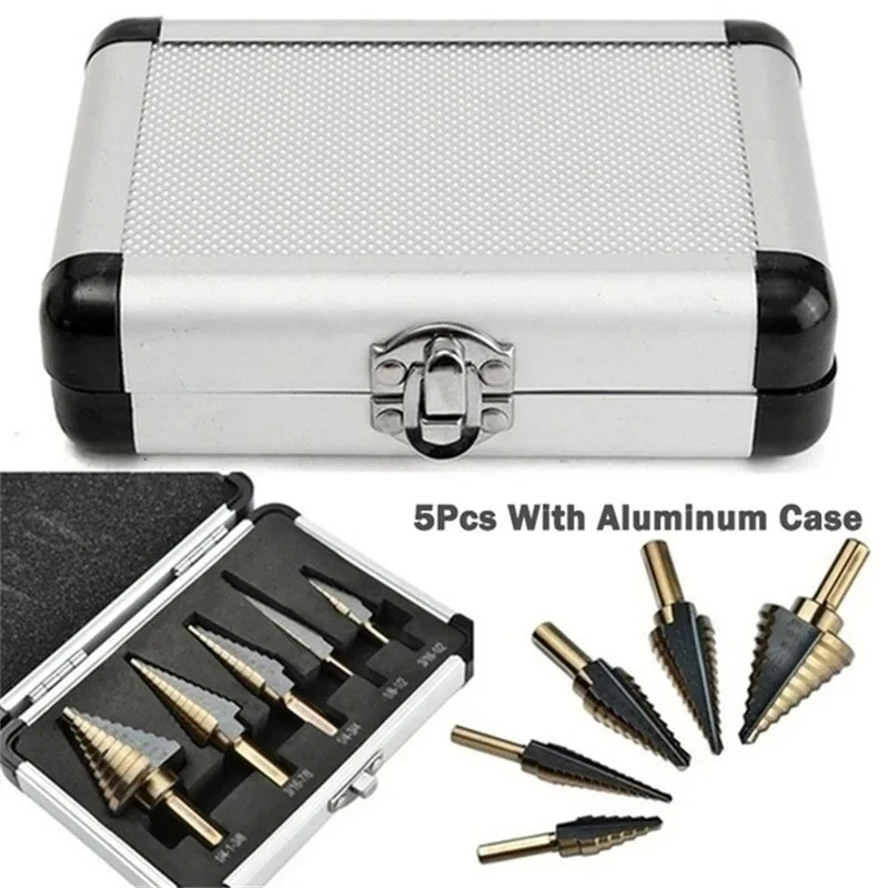 5PCS High Speed Steel Titanium Step Drill Bit Set for Sheet Metal with Aluminum Case, Multiple Hole Stepped Up Bits