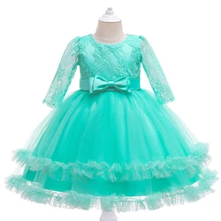 Green Fashion Party Dress For Girls Kids Birthday Princess Dresses Ice Long Sleeves Children Formal Evening Clothes Tulle Wear