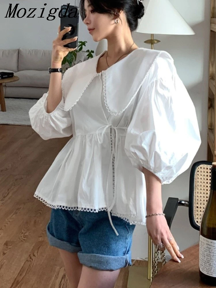 

Spring Summer Women Blouse Korean Chic Solid Lace Doll Collar Irregular Design Lace Bubble Sleeve Ruffle Shirt Ladies Tops