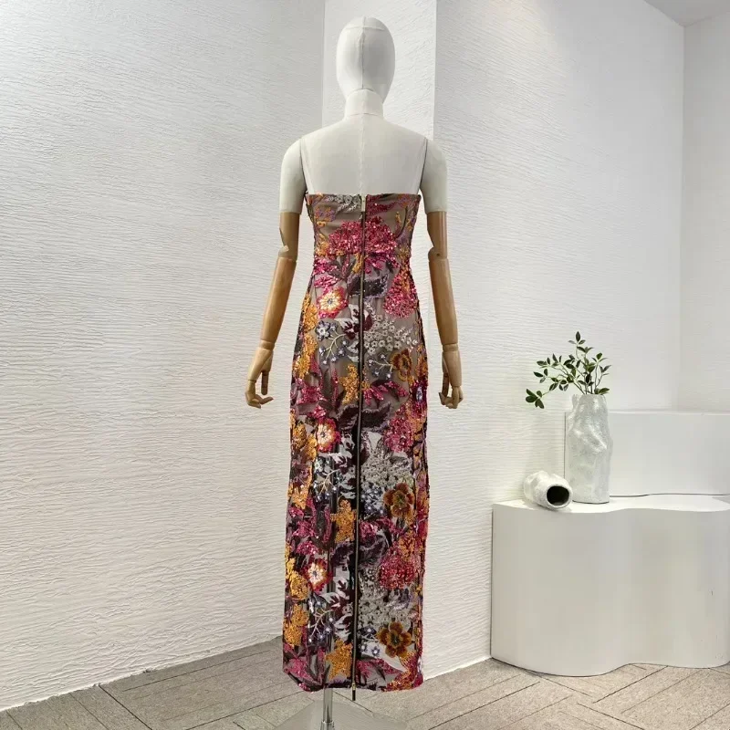 Multicolor Strapless Sequined Elegant Spring Summer 2025 New Fashion Women High Quality Sleeveless Midi Dresses for Party