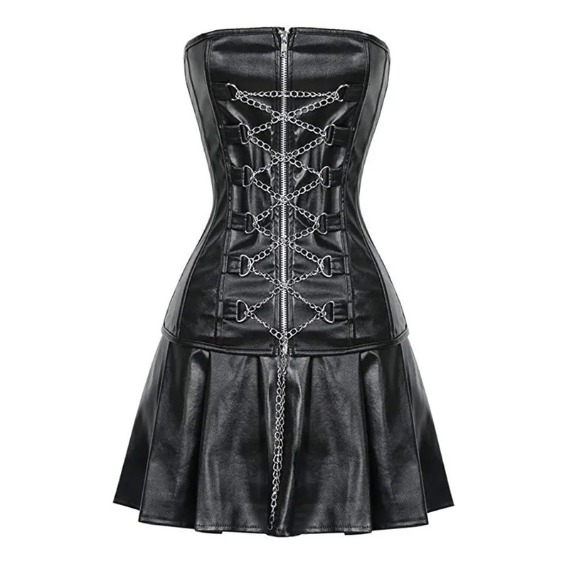 Women Sexy Steampunk Faux Leather Corset Dress Zipper Chain Decoration Gothic PU Leather Korset Overbust Bustier Top With Skirt