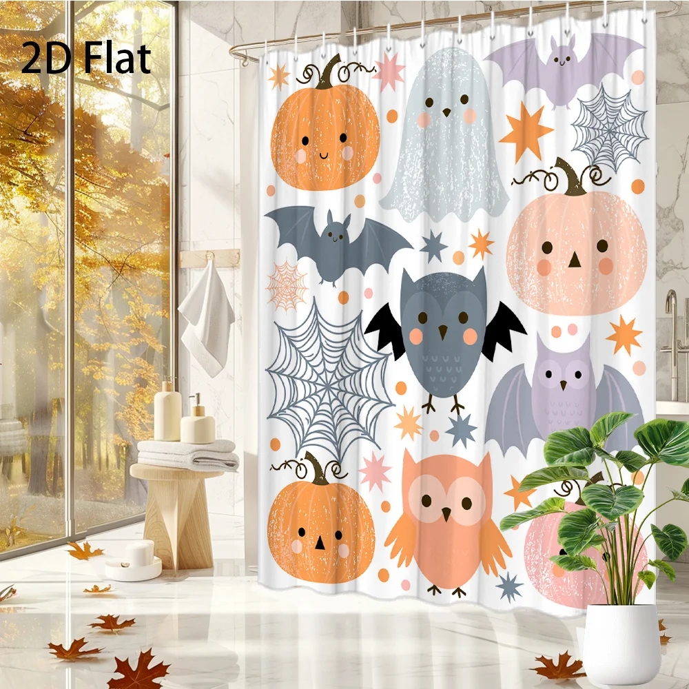Cute Cartoon Halloween Shower Curtain, Pumpkin Ghost Bat Owl Decor, Kids Waterproof Polyester Bath Screen, Festival Home
