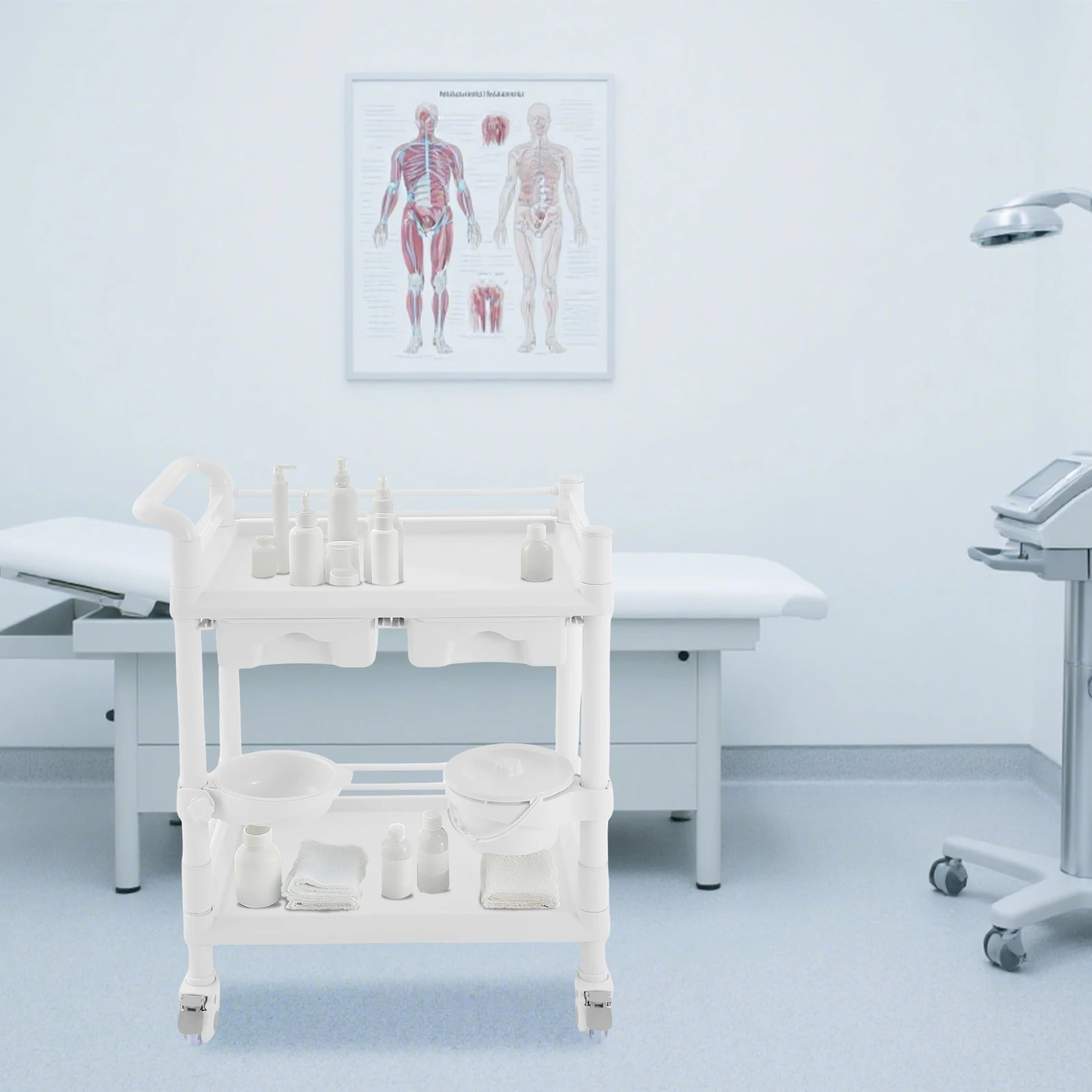عربة طبية بيضاء مكونة من طبقتين، عربة عربة مختبر متنقلة مع درجين و4 عجلات للاستخدام المنزلي والتجاري للمستشفيات
