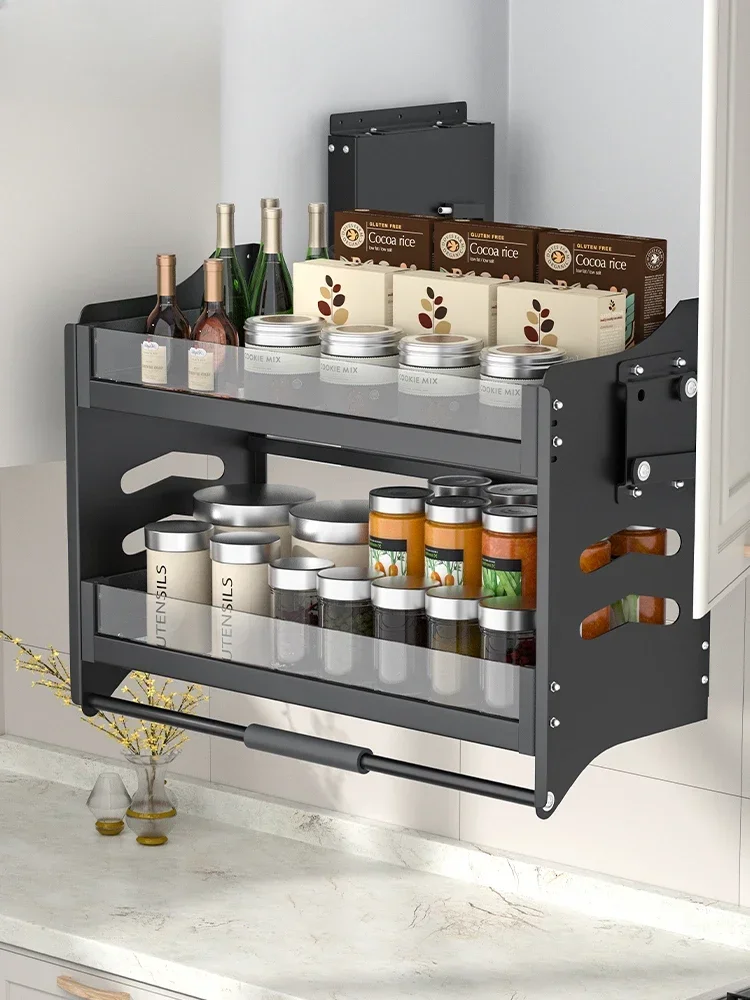 Kitchen hanging cabinet lifting basket pull-down seasoning basket cabinet lifting damping buffer open-door shelf