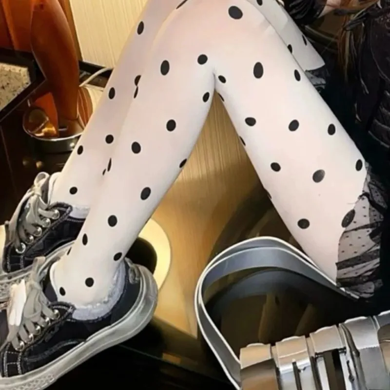 

Vintage Black Polka Dot Patterned Tights for Women Retro Y2K Gothic Leggings Opaque Silky Footed Tights Pantyhose Long Stockings