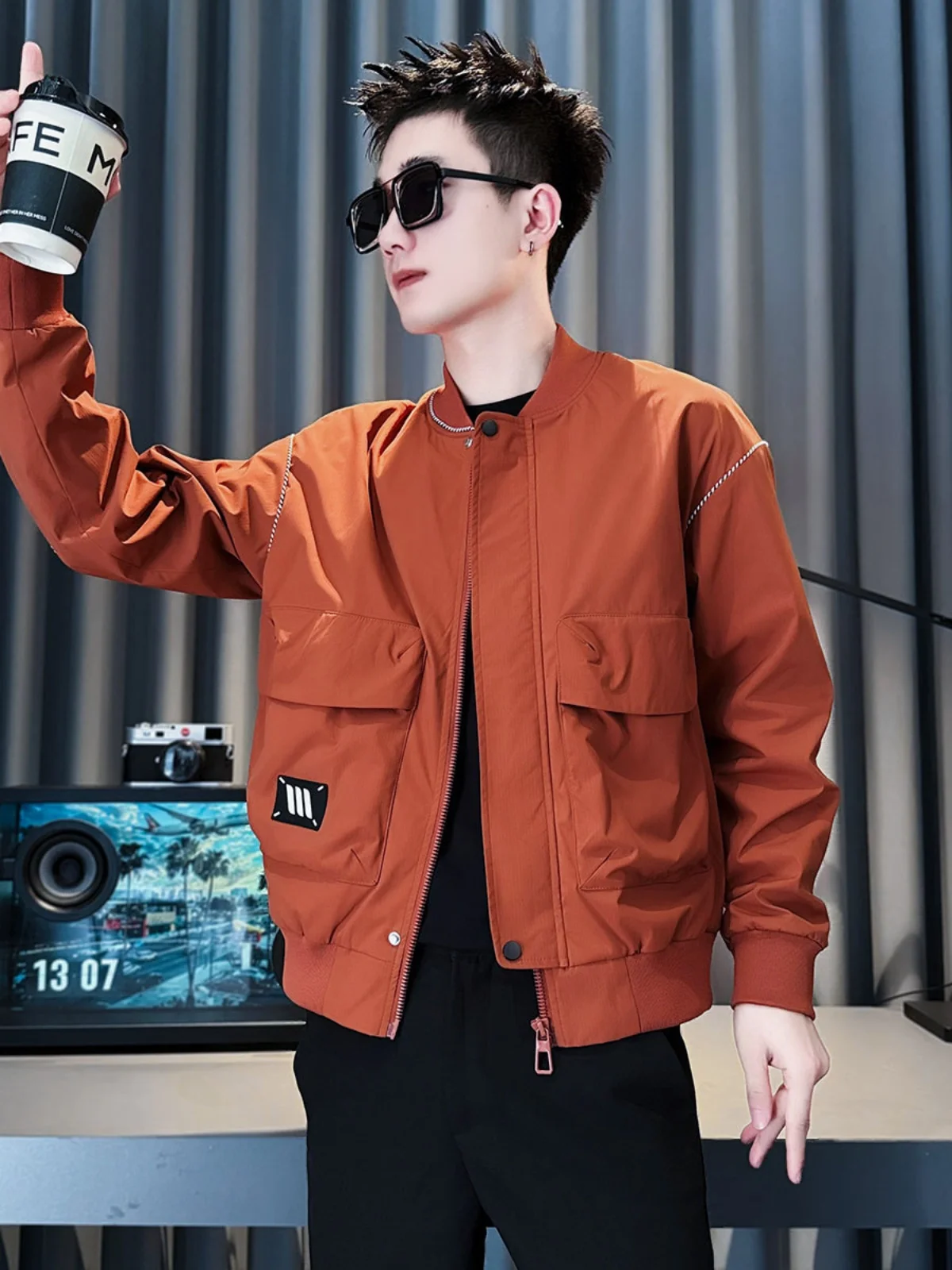 

Модная рабочая одежда с бейсбольным воротником, мужская модная весенне-осенняя верхняя одежда, облегающая одежда из полиэстера против морщин, длинная свеч...