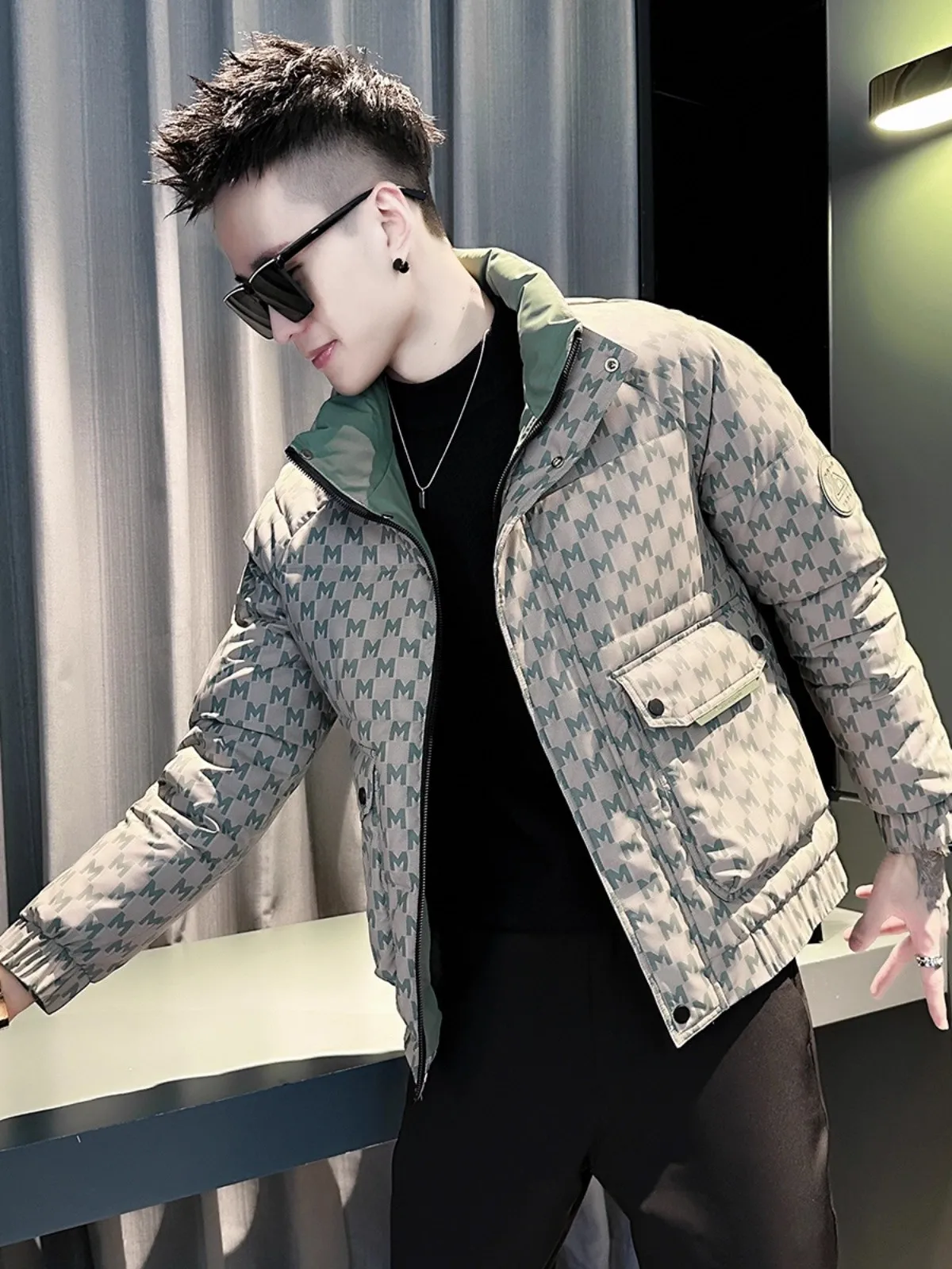 

Trendy Winter ort down Cotton Jaet Men's Plaid High-End Feeling Outerwear Casual Sle Stand Fit Long Sve Youth Fas...