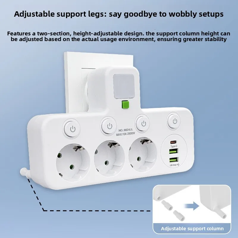 Europlug 1 - to - 3 Multifunctional Converter: Power Strip with Independent Switches, USB - enabled Night Light &MultipleOutlets